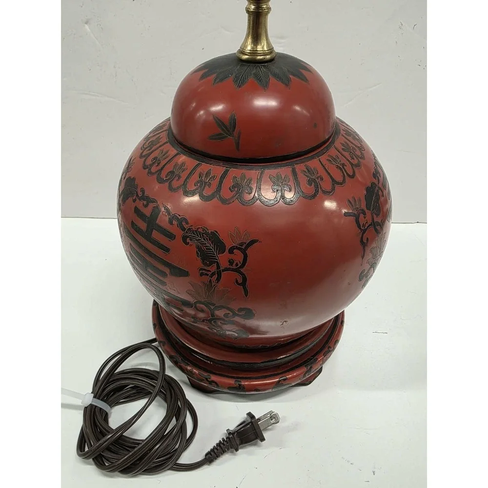 Beautiful‎ Chinese Red Lacquer Jar Table Lamp w Shade and Finial 21